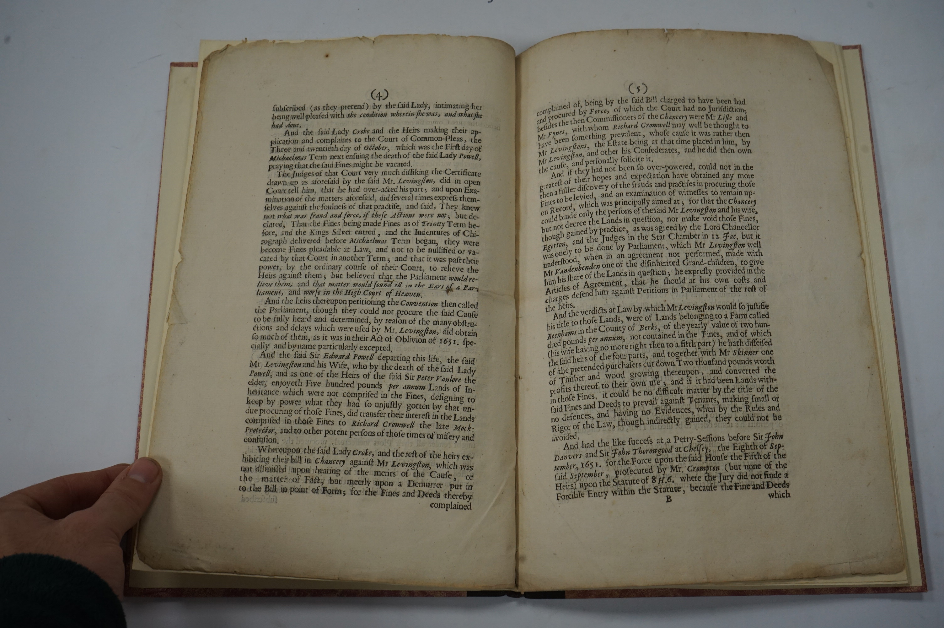 The Truth and State of the case betwixt the Lady Croke, and others the heirs of Sir Peter Vanlore Knight, and Thomas Levingston Esq; and his Wife, concerning Fines unduly procured to be levied by the Lady Powell, 7pp, [1